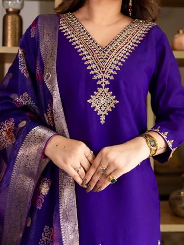 Image of VredeVogel Women's Beads Embroidered Silk Blend Kurta Pant Set with Organza Dupatta | Perfect for Festive & Casual Ethnic Kurta Set for Women
