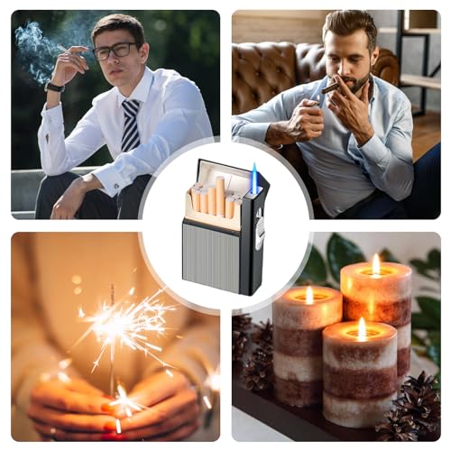 Vegena Sigarettenetui met aansteker, stormaansteker, winddicht, jetaansteker, gasaansteker, sigarettenetui met oplaadbare USB, stormaansteker, gas, navulbaar, kan 20 sigaretten bevatten - Afbeelding 6