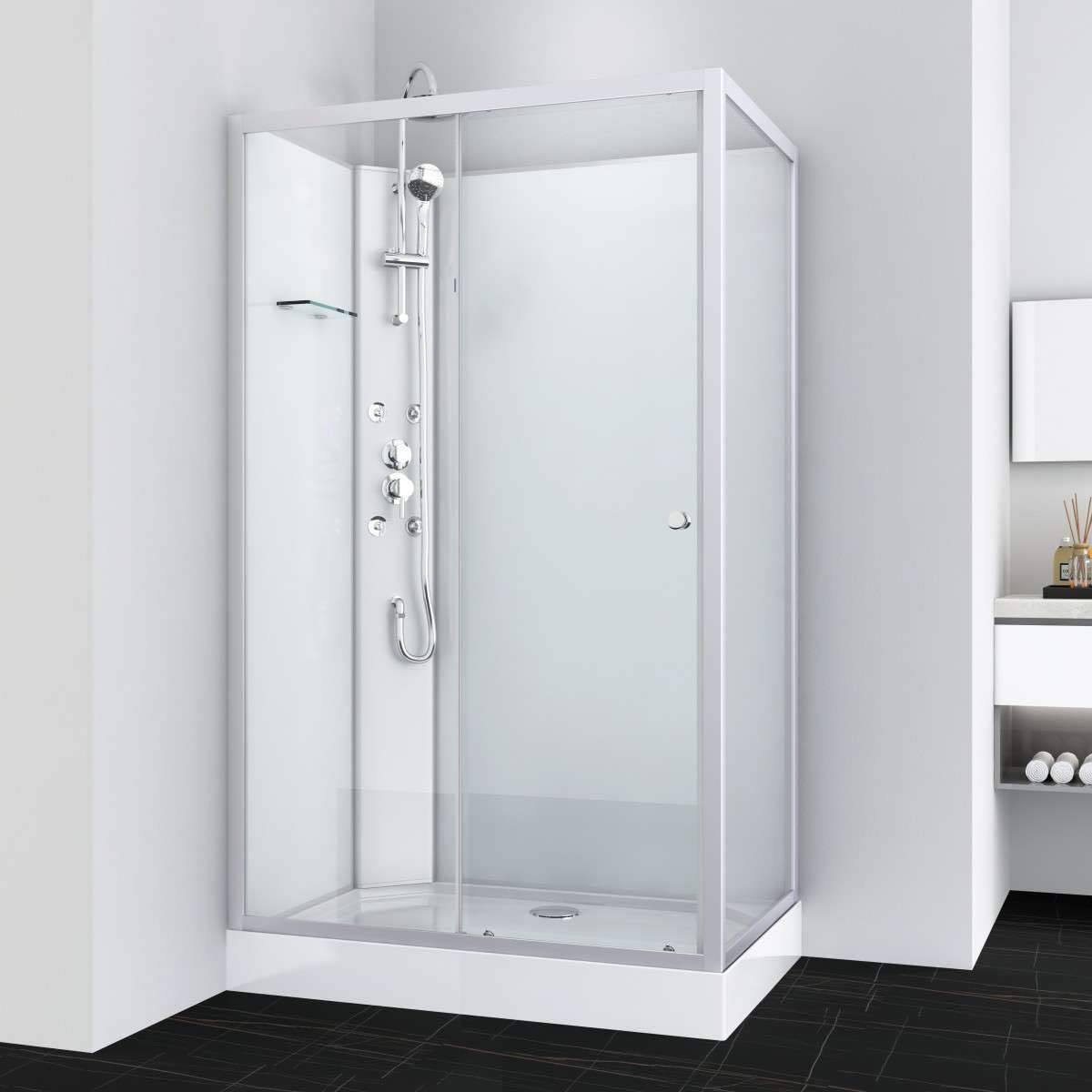 Sanotechnik Cabina de Ducha Completa Viva 2-120 x 80 x 225 cm – Puerta corredera, Cristal de Seguridad, Aluminio Cromado, chorros de Masaje, con Plato de Ducha, Cabina de Ducha Completa