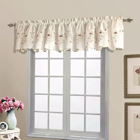 United Curtain Loretta Embroidered Sheer Shaped Valance, 52 by 18-Inch, Natural/Chocolate Cover