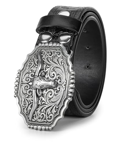 Western-Cowboy-Retro-Belt with Bull-Buckle, Floral Engraved Leather Cowgirl Belt for Jeans Pants2