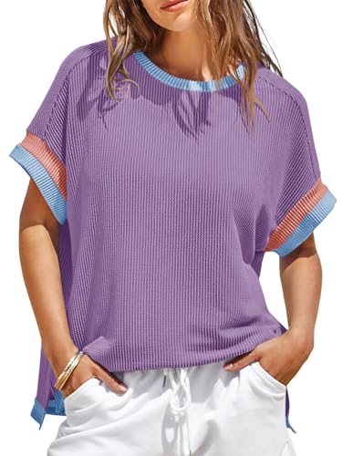Womens Color Block Oversized Tops Trendy Casual Summer Textured Ribbed Knit T Shirts Loose Fit Short Sleeve Tshirts Purple