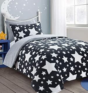 HOMES-LINEN Teddy Star Fleece Duvet Cover Set Soft Cosy Warm Kids Star Teddy Bear Bedding Set (Navy & Red, Single)