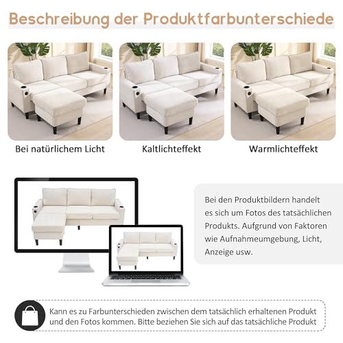 Arhatreya 3 Sitzer Sofa Gästesofa Modern Couch mit USB- und Typ-C-Anschlüssen, 3er Sitzsofa mit Zwei Getränkehaltern, L-förmiges Schlafsofa für Erwachsene, Schlafzimmer, Wohnung, Beige – Bild 8