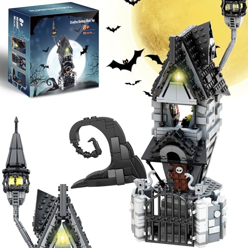 Haunted Village House Compatible with Lego, Halloween Christmas Haunted Building Blocks Set with Led Light, 2 Minifigures, Creative Festival Toy Kit Gifts for Kids or Movie Fans (766pcs)