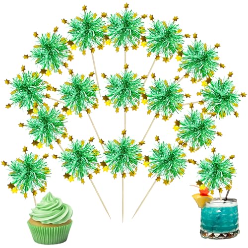 Ephlyn 30Pcs Foil Firework Cupcake Toppers Happy Birthday Cake Toppers Tinsel Flower Drink Stirrers Cocktail Food Fruit Toothpicks for Valentine's Day Party Decorations Green by Ephlyn - Used condition - US$5.73