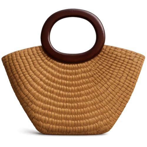 Sac en osier tressé beige naturel avec poignée en bois de style bohème