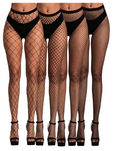 OYOANGLE Women's 4 Pairs Hollow Out Fishnet Mesh Tights See Through High Waist Sheer Pantyhose