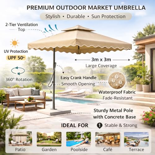 Image of 10ft Square Cantilever Umbrella with Crank | Waterproof Offset Hanging Patio Umbrella with Double Roof | Outdoor Sunshade for Garden, Balcony & Restaurant, Terrace & Poolside