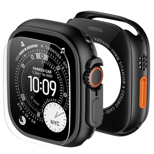 amBand Metal Case Screen Protector Cover for Apple Watch Ultra 3/Ultra 2/Ultra 49mm W3 Rugged Bumper Thin Frame + 9H Tempered Glass Film + Ceramic-Like Back Cover [Stylish] [Waterproof] Matte Black