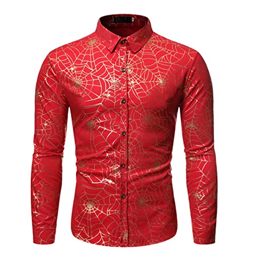Camisa de vestir con botones para club nocturno para hombre, camisas de esmoquin de lujo, tela de araña, color rojo, M