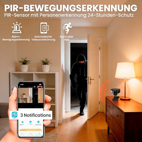 Mini Kamera, 4K WLAN Überwachungskamera Innen Akku mit Netzbetrieb – WLAN Überwachungskamera mit 150° Ultra-Weitwinkel, PIR-Bewegungsmelder, Nachtsicht, Unterstützung für SD Cart&Cloud-Speicher