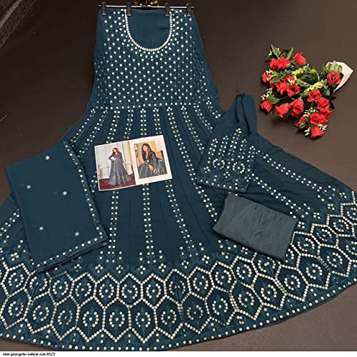Image of VRATI Enterprise Full Length Long Gowns with Dupatta Traditional Function Ethnic Dresses Embroidery Sequins Work Gown (Semi Stitched)