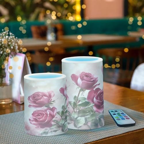 Image of Watercolor Rose Flickering Flameless Candles LED Battery Operated with Remote Timer Pillar Candles for Home Birthday Wedding Christmas Decor, Set of 2