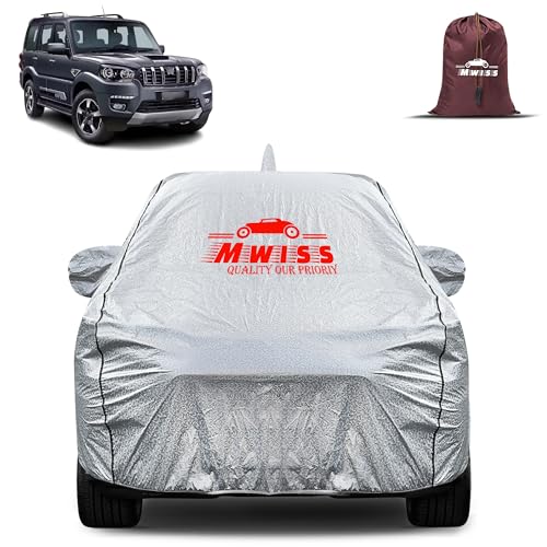 Image of Waterproof Car Body Cover for Mahindra Scorpio Classic | Mirror & Antenna Pocket Anti-Scratch with Soft Cotton Inner Lining Triple Stitched Protection| Heat Resistant | Rain Protection (Silver)