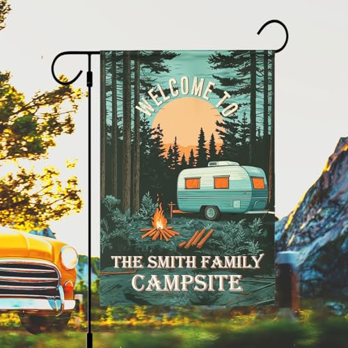 PerStudio Personalized Camper Camping Garden Flag Custom Welcome to Our Campsite Rv Flag for Yard House Banner Home Lawn Welcome Outdoor Camping Decoration Sign 12 X 18 Double Sided