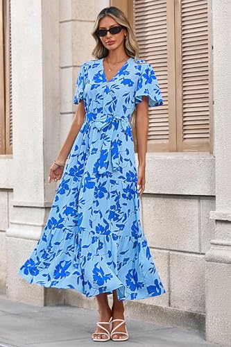 Image of MASCOMODA Women Boho Swiss Dot Maxi Dresses Wrap V Neck Flutter Short Sleeve Solid Tie Waist A Line Tiered Flowy Long Dresses