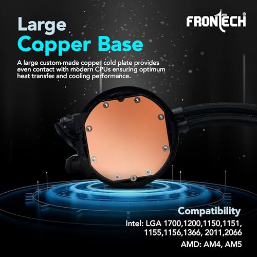 Image of Frontech AIO CPU Cooler with Heatsink |240mm Radiator| Dual 120mm ARGB Fans up to 1800 RPM |PWM 4-Pin + ARGB 3-Pin|Copper Cold Plate|Intel LGA 1700 /1200 & AMD AM4 /AM5|1 Year Warranty (CPF-0008)
