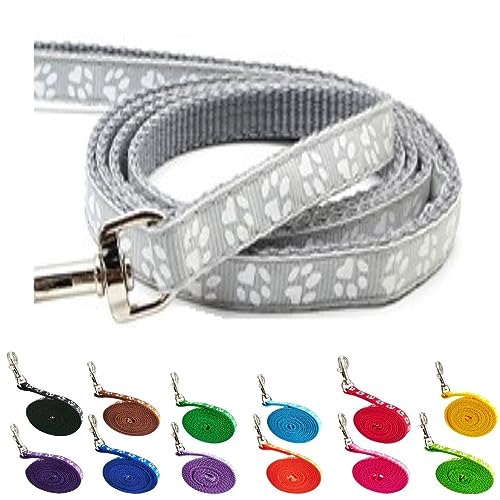 Small Dog Puppy Pet Cat Kitten Lead Pawprint Design Lightweight Nylon Metal Clip 120cm Leash Silver Light Grey