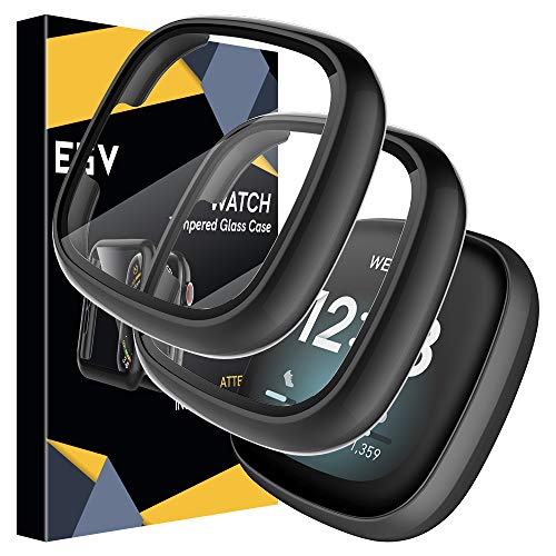 EGV [2 Pack Protector de Pantalla para Fitbit Sense/Versa 3 Cristal Vidrio Templado, [PC Funda] [HD Película] Carcasa Funda para - Negro