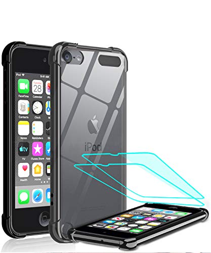 iPod Touch 7 Case, iPod Touch 6 Case, iPod Touch 5 Case with Tempered Glass Screen Protector [2 Pack], LeYi Shockproof Crystal Clear Soft Bumper Hard Case for iPod Touch 7th/ 6th/ 5th Gen, Black