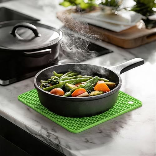 Image of Silicone Trivet Mats,Heat Resistant Pot Holders, Multipurpose Non-Slip Hot Pads for Kitchen Potholders, Hot Dishers, Jar Opener, Spoon Holder, Food Grade Silicone(Green Size Square 7.1''x7.1'')