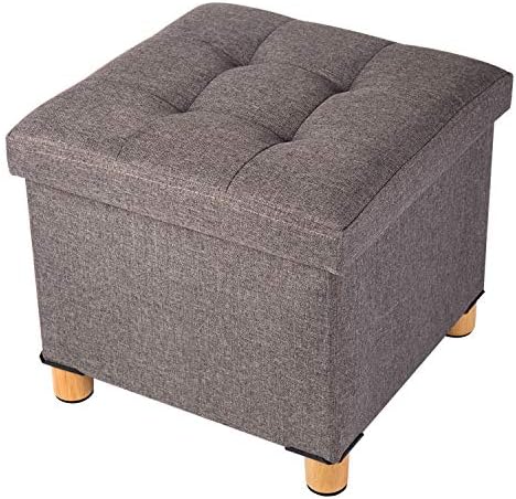 BRIAN & DANY Folding Ottoman Storage Box with Wood Legs, Linen Foot Stool, pouffe footstool with Highly Elastic Sponge Filling, Brown, 38 x 38 x 38 cm