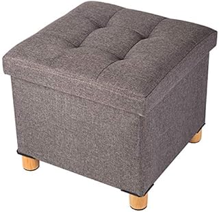BRIAN & DANY Folding Ottoman Storage Box with Wood Legs, Linen Foot Stool, pouffe footstool with Highly Elastic Sponge Filling, Brown, 38 x 38 x 38 cm
