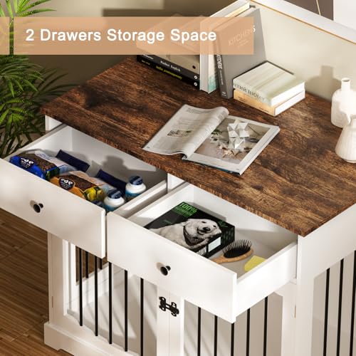 BREEZEHEAT Dog Crate Furniture, 40 inch Farmhouse Dog Kennel with Drawers-Wooden Pet Crate End Table, Double Door Design, Decorative Dog House Indoor for Small Medium Large Dog,Off White - Image 4