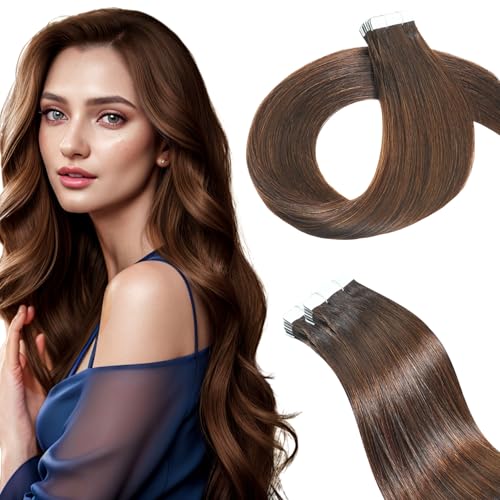 Qingliang Doczepiane włosy na taśmie do przedłużania włosów, niewidoczne naturalne włosy Remy, jedwabiste, proste włosy Remy, 50 cm, 20 sztuk, 50 g #2, najciemniejszy brąz