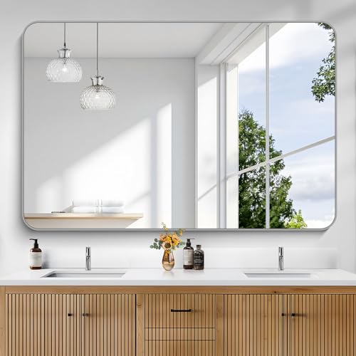Image of KOCUUY Silver Bathroom Mirror, 60x40 Inch Large Bathroom Mirror for Over Sink, HD Tempered Glass, Anti-Rust Brushed Silver Frame, Rounded Corner Modern Design for Bathroom, Hang Horizontal /Vertical