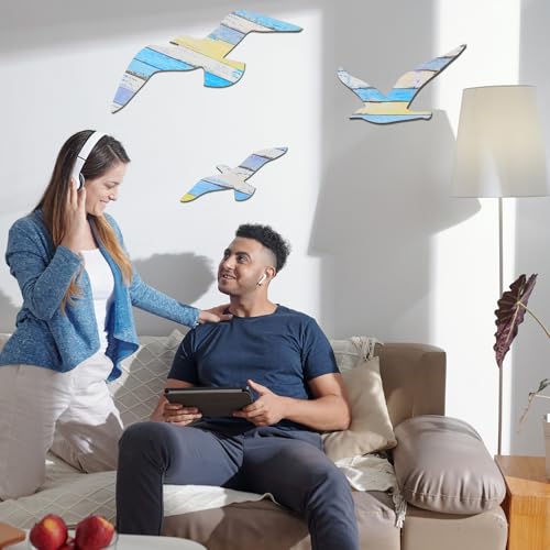 Tyqour 3 Stück Strand Wanddekor Wandkunst Holz Möwe Deko Stranddekorationen mit Möwenmotiven Möwen Wanddekoration aus Holz Blau Strand-Möwendekor für Wohnzimmer, Schlafzimmer,Esszimmer, Strandhaus