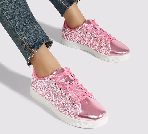 Image of LUCKY STEP Glitter Shoes Sparkly Bling Shiny Bedazzled Lace up Fashion Sneakers for Women
