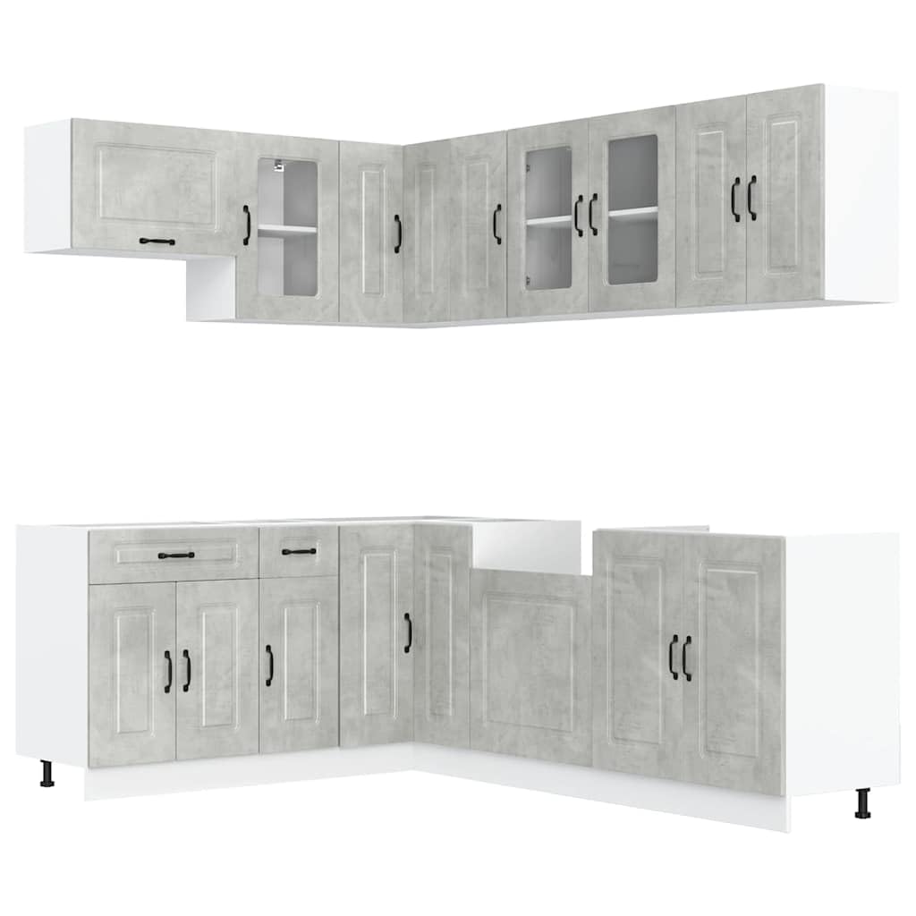 Set di 11 mobili da cucina Kalmar grigio cemento, mobili da cucina modulari in legno, mobili da cucina modulari con pensili e pensili per riporre oggetti e ordine