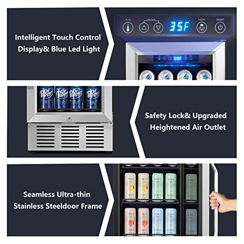 Karcassin 15 Inch Beverage Refrigerator, Beverage Cooler Under Counter, 126 Cans Quiet Beverage Fridge With Glass Door For Built-In Or Freestanding With Temperature Memory Function #TOP5