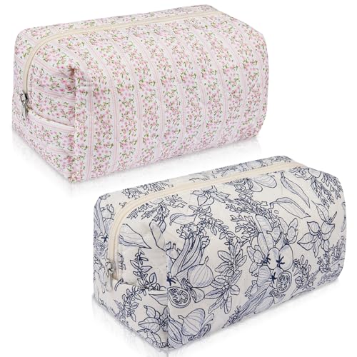 Gosect 2 Pack Floral Makeup Bag, Cute Cosmetic Bag for Women Girls, Quilted Cotton Make up Pouch, Travel Makeup Bags, Portable Storage Toiletry Organizer Bag(Pink+Navy Blue)