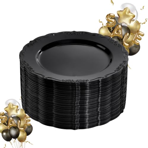 DaYammi 60PCS Black Plastic Plates, Heavy Duty Black Disposable Plates Premium 10inch Dinner Platos Hard Plastic Platos Disposable for New Year Party and Wedding Bridal Shower