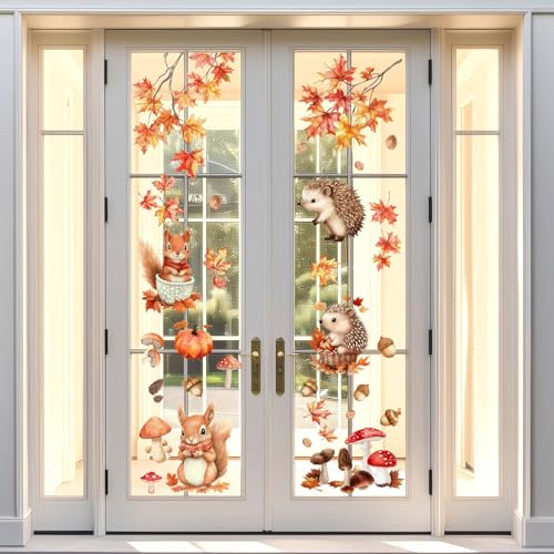 CREATCABIN 2 Blatt Herbst Fensteraufkleber Herbst Türaufkleber Blätter Igel Pilz Tannenzapfen Eichhörnchen PVC Wasserdicht Selbstklebend Dekor Für Schlafzimmer Ladentür 30x90cm