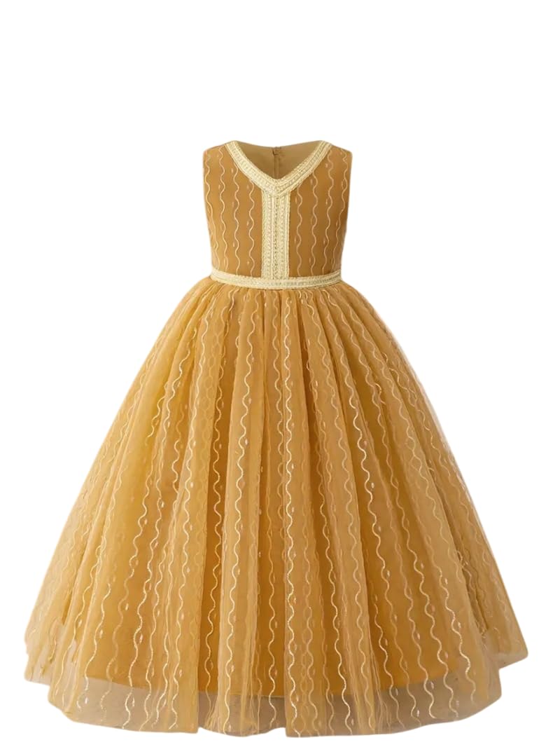 TAGAS Net Fit e Flare lunghezza pavimento elegante abito dorato ragazze | Principessa festa di compleanno abito | Abbigliamento comodo ed elegante | PartyFrock per bambini |