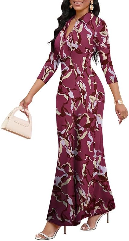 Maxi Dresses for Women Casual V Neck 3/4 Sleeve Bodycon Long Party Holiday Dress Semi Formal Outfits