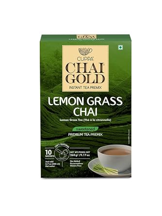 Instant Chai Latte Lemongrass Tea by Chai Gold - Premium, Gluten-Free, Real Natural Cane sugar Perfect for Home, Travel, Parties, and Camping - Tasty Authentic Indian Chai Sweetened Pack of 1