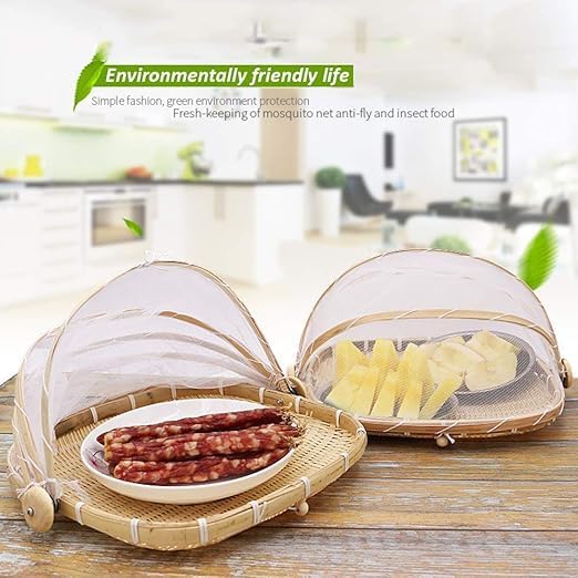 Image of Bamboo Tent Basket Food Serving, Mesh Cover, Hand Woven Insect Bug Proof, Dustproof Fruit Vegetable Bread Storage Container for Picnic, Outdoor, Home Drying