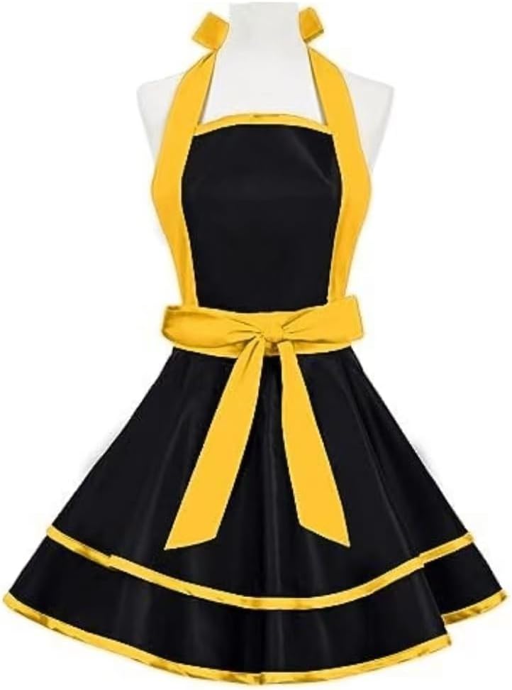 Violet Mist Cute Lovely Retro Aprons for Women Girls Lady Sexy Vintage Aprons Black Yellow Vintage 50s Apron Halloween Christmas Apron Cooking Kitchen Ruffle Apron for Housewife Waitress Mother's Gift image 4