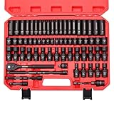 SONIGEKO Socket Set 3/8' Impact 67-Piece Metric and Sae 6 Point CR-V Steel Sockets with extension bars, 20-piece Swivel Sockets (Metric and SAE and Swivel, 3/8' Socket set,67pcs)