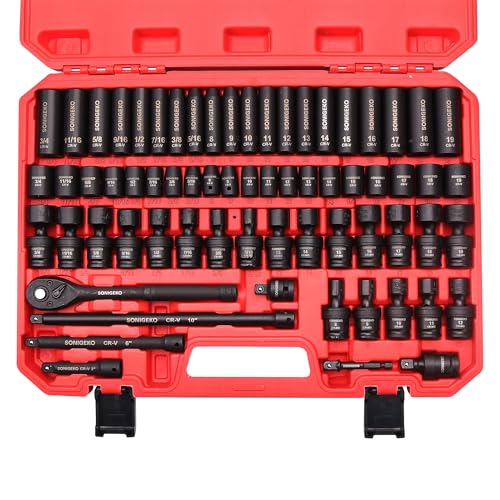 SONIGEKO 3/8 Drive Impact Socket Set 67-Piece Standard Metric & SAE 6 Point CR-V Steel Sockets Includes Extension Bars 20-Piece Swivel Sockets Universal Joint Ratchet Handle and Adapter