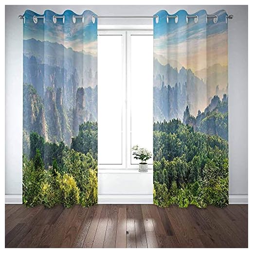 Fönster mörkläggningsgardiner magisk scen park berg klippor och pelare i dimma soluppgång provins Kina Zhangjiajie skog nedsänkt fönster gardin paneler barn pojkar flickor 2 paneler set