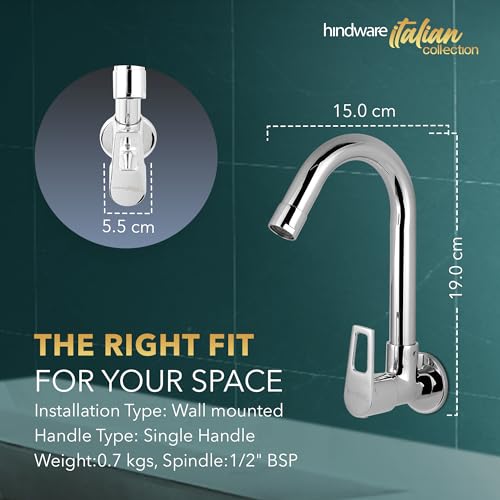 Image of Hindware Italian Collection Aspiro Range F570023CP Kitchen Sink Tap with Swivel Spout | Wall Mounted | Made of Brass | Mirror-Like Finish