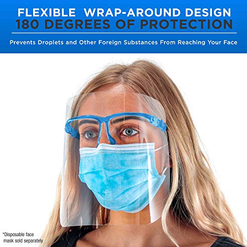 Image of TCP Global Salon World Safety Face Shields with Blue Glasses Frames (Pack of 4) - Ultra Clear Protective Full Face Shields to Protect Eyes, Nose, Mouth - Anti-Fog PET Plastic, Goggles