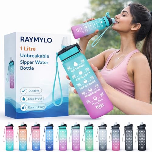 Image of 1 Litre Unbreakable Sipper Water Bottle With Strap, Leakproof, BPA-Free & Durable Tritan, Water Bottle for Adults, Gym, Kids, School, Gifts & Office, Motivational Time Marker, 1Ltr Sipper Bottle