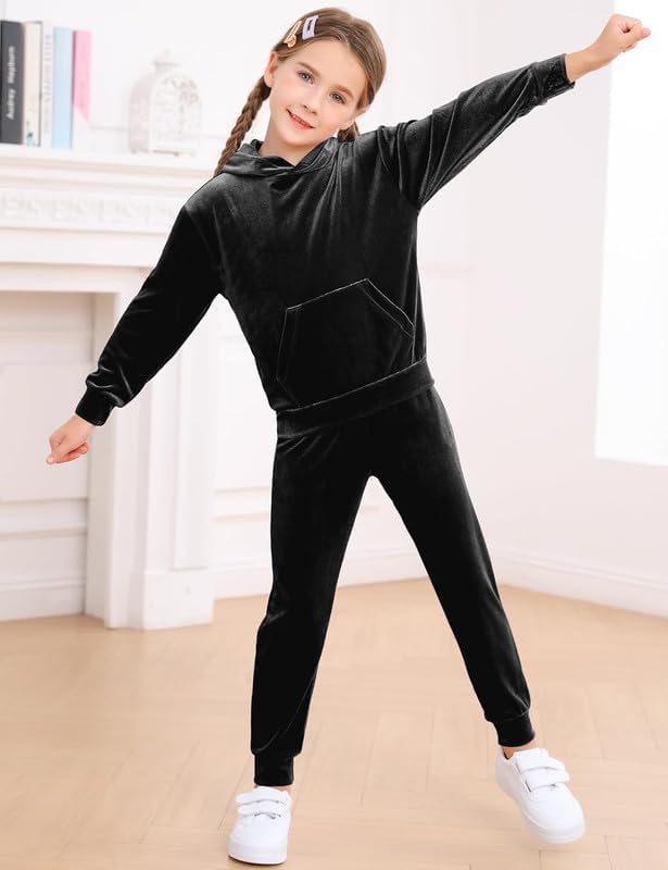 ALVASTRA Children's Soft Velvet Winter Warm Pullover Hoodie and Elastic Waist Sweatpants Set(Black,11-12 Years) 1